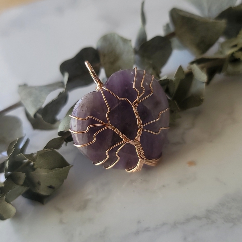 CALM SPIRIT Amethyst Crystal Tree Of Life Wrapped Heart Pendant